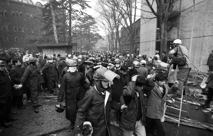 The Yasuda Auditorium Incident at the University of Tokyo  January 18, 1969  Japan: January 18, 1969, Tokyo   Baton wielding Japanese riot police, 8,000 strong, storm Hongo campus of Tokyo University, bringing a violent end to a seizure of Yasuda Hall by radical Zengakuren students on January 18, 1969. Under a deluge of rocks, Molotov cocktails, bottles of sulphuric acid and lengths of pipe, the police closed in on the main building on the campus. They tear gassed the defenders and trained water cannons at students on the roof. Using power saws, sledgehammers and blowtorches, the police battered and burned down the barricades while a police helicopter sprayed tear gas down on the building. Resistance ended the afternoon of the second day and the beaten Zengakuren were led off to jail. There were 631 arrests with only three students and two policemen were listed as seriously injured.  Photo by Fujifotos AFLO   3618 