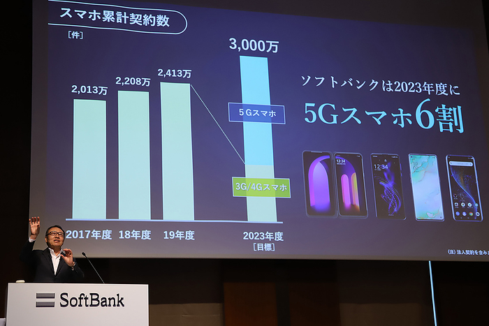 Japanese mobile carrier Softbank Corp announces the company s first quarter financial result ended June August 4, 2020, Tokyo, Japan   Japanese mobile carrier Softbank Corp president Ken Miyauchi announces the company s first quarter financial result ended June in Tokyo on Tuesday, August 4, 2020. Miyauchi said the company s operating profit in the first quarter raised 4 percent thanks for Yahoo Japan and enterprise business amid outbreak of the new coronavirus.        Photo by Yoshio Tsunoda AFLO 