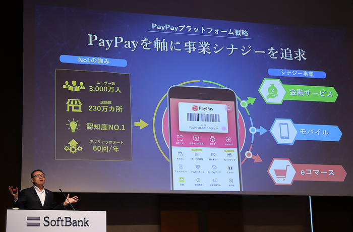 Japanese mobile carrier Softbank Corp announces the company s first quarter financial result ended June August 4, 2020, Tokyo, Japan   Japanese mobile carrier Softbank Corp president Ken Miyauchi announces the company s first quarter financial result ended June in Tokyo on Tuesday, August 4, 2020. Miyauchi said the company s operating profit in the first quarter raised 4 percent thanks for Yahoo Japan and enterprise business amid outbreak of the new coronavirus.        Photo by Yoshio Tsunoda AFLO 