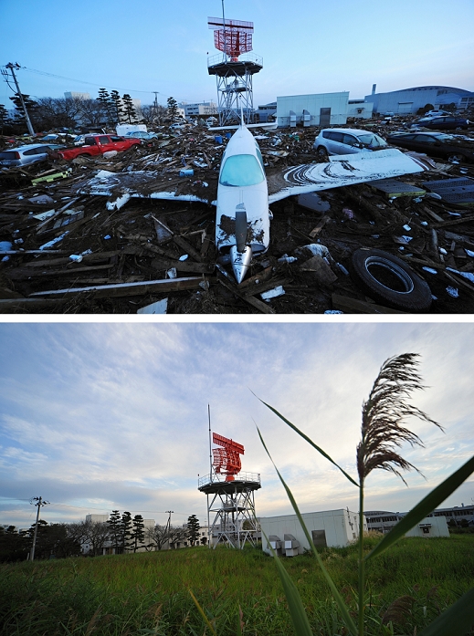  Caution for Use   The Great East Japan Earthquake Soon it will be six months since that day  Sendai City, Miyagi Prefecture  September 9, 2011, Sendai, Japan   A light plane sits on the debris at Sendai Airport, Miyagi Prefecture, 435km northeast of Tokyo, on Monday, March 14, 2011, top. The airport, located along the Pacific coast, was flooded by a 10 meter tsunami following a powerful earthquake with a magnitude of 9.0 that jolted northeastern Japanese cities on March 11. Weeds have grown in the fierld once the light plane was washed away by tsunami on Thursday, September 8.   Japan marks sixth months anniversary on September 11 of an earthquake and tsunami that have ravaged 130 kilometers along the Pacific coast in the country s northeastern region, leaving nearly 20,000 dead or missing. Six months after the nation s worst ever disaster. which also sparked a nuclear crisis, still more than 20,000 people are forced to dwell in temporary shelters and housings throughout the area.  Photo by Natsuki Sakai AFLO   3615   mis 