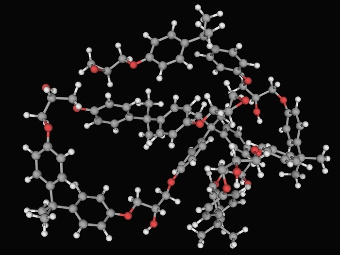 Epoxy resin molecule Epoxy  polyepoxide , molecular model. Thermosetting epoxide resin that polymerises and crosslinks when mixed with a polyamine hardener . Atoms are represented as spheres and are colour coded: carbon  grey , hydrogen  white  and oxygen  red .