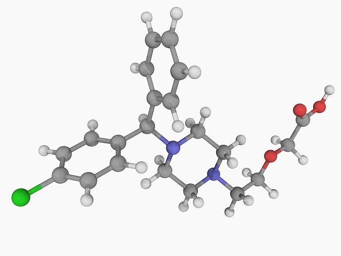 Cetirizine drug molecule Cetirizine, molecular model. Third generation antihistamine. Atoms are represented as spheres and are colour coded: carbon  grey , hydrogen  white , nitrogen  blue , oxygen  red  and chlorine  green .