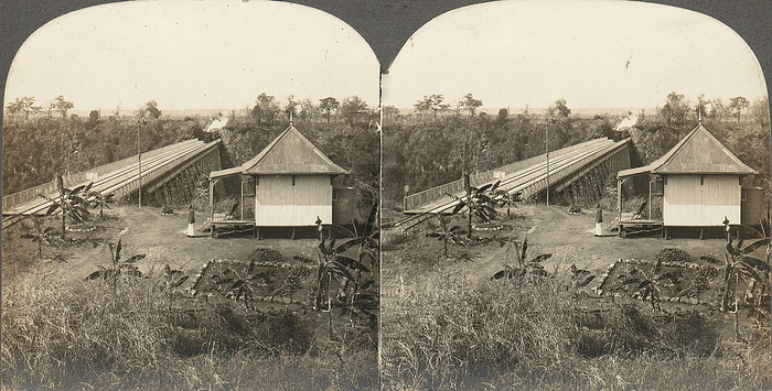 Group of 14 stereographs of Africa and Actors, 1850s 1910s. Creator: Kilburn Brothers. Group of 14 stereographs of Africa and Actors, 1850s 1910s.  Scene Above Bridge, on the Cape to Cairo Railway Over Zambezi River, near Victoria Falls, River. 