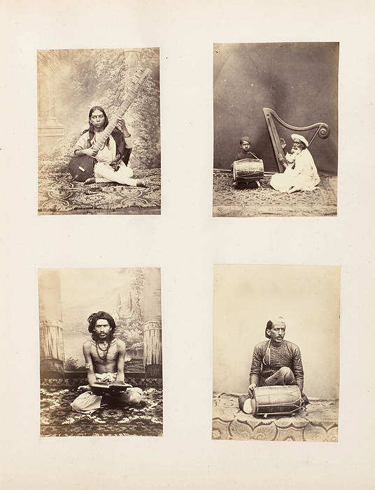Girl with a Sitar, 1850s. Creator: Unknown. Girl with a Sitar, 1850s.  Dancing girl, harp player, reader, dhol player .