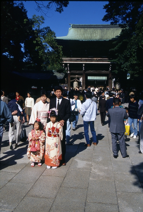 Shichi Go San  November 1990  Japan: November 1990, Tokyo   Japanese celebrate Shichi Go San at Tokyo s Meiji Shrine in November, 1990. Shichi Go San is a traditional Japanese rite of passage for three  and seven year old girls and three  and five year old boys to be observed annually on November 15.  Photo by Fujifotos AFLO   3618 