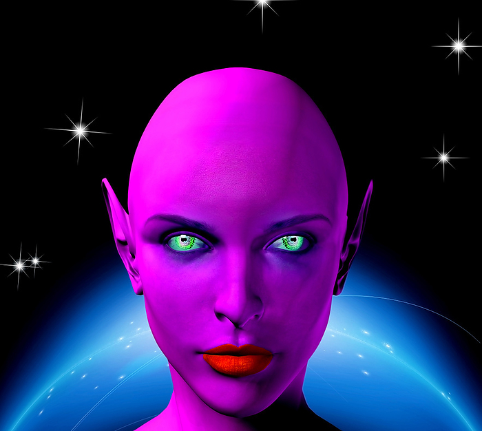 The face of a female alien with shining planet in background. The face of a female alien with shining planet in background.