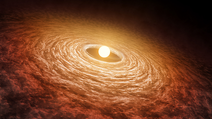 Artist concept illustrating disk of material surrounding star FU Orionis. Artist concept illustrating disk of material surrounding star FU Orionis.