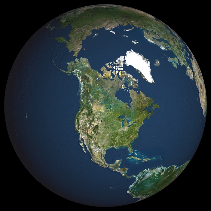 satellite image Globe North America, True Colour Satellite Image. Earth. True colour satellite image of the Earth, centred on North America. The North Pole is at upper centre. Water is blue, vegetation is green, arid areas are brown, and snow and ice are white. Both land and ocean floor topography are shown. The terrain of North America is marked by mountain ranges on the western coast, deserts in the south west, and large lakes in the north east. The shades of green vary, showing central plains, marshes in the far north, swamps in the south east and forests in the north west. Surrounding North America  clockwise from top  is the Arctic Ocean, Greenland, and the Atlantic Ocean  beyond which are Asia, Europe and Africa , South America and the Pacific Ocean. The image used data from LANDSAT 5   7 satellites. Print size 42x42cm.