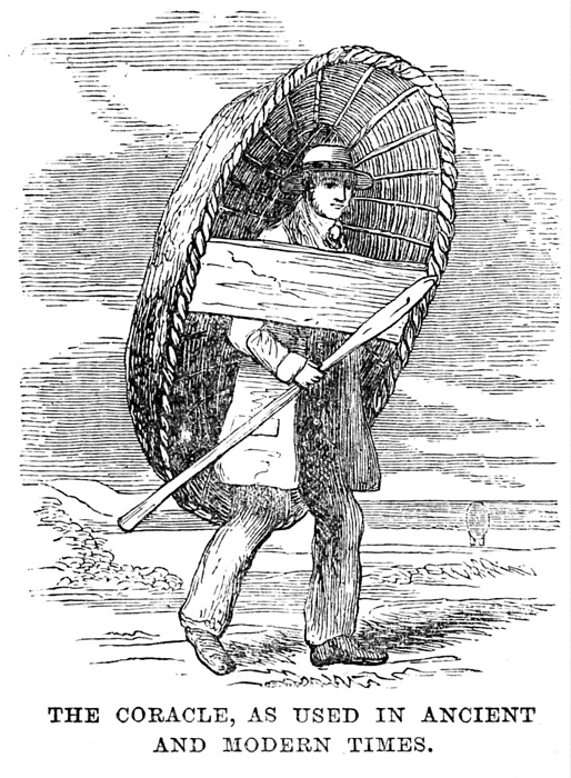Illustration of a coracle Illustration of a coracle, a small round boat made of wickerwork covered with a watertight material, propelled with a paddle. Dated 19th Century