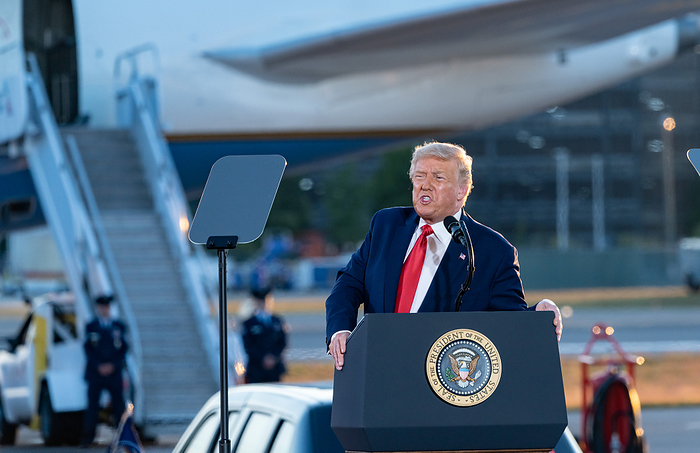 Donald Trump campaigns in NH August 28, 2020, Pro Star Aviation, Londonderry, New Hampshire USA: President Donald Trump speaks during a campaign rally at Pro Star Aviation in Londonderry, N.H.  Photo by Keiko Hiromi AFLO  
