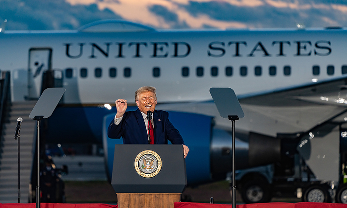 Donald Trump campaigns in NH August 28, 2020, Pro Star Aviation, Londonderry, New Hampshire USA: President Donald Trump speaks during a campaign rally at Pro Star Aviation in Londonderry, N.H.  Photo by Keiko Hiromi AFLO  
