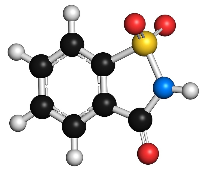 Saccharin artificial sweetener molecule Saccharin artificial sweetener molecule. Atoms are represented as spheres with conventional colour coding: hydrogen  white , carbon  grey , nitrogen  blue , oxygen  red , sulfur  yellow .