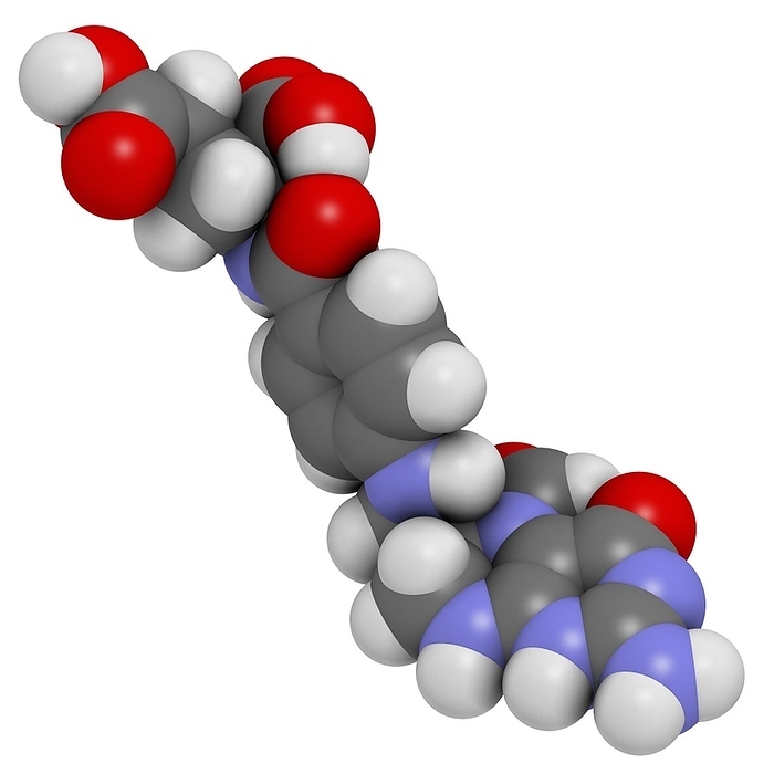 Folinic acid drug molecule Folinic acid  leucovorin  drug molecule. Used as adjuvant during cancer chemotherapy with methotrexate. Atoms are represented as spheres with conventional color coding: hydrogen  white , carbon  grey , oxygen  red , nitrogen  blue .