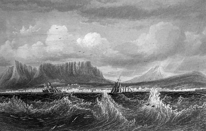 Engraving depicting a view of Table Mountain Engraving depicting a view of Table Mountain in South Africa. Dated 19th Century