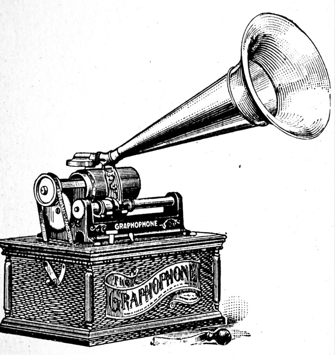 Graphophone  the version of sound playing  recording machine developed by Berliner at much the same time as Edison produced the gramophone. 1903. Graphophone  the version of sound playing  recording machine developed by Berliner at much the same time as Edison produced the gramophone. 1903.