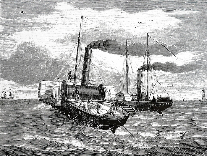 Laying the first submarine cable The Goliath and the Widgeon laying the first submarine cable between dover and Calais 1850.