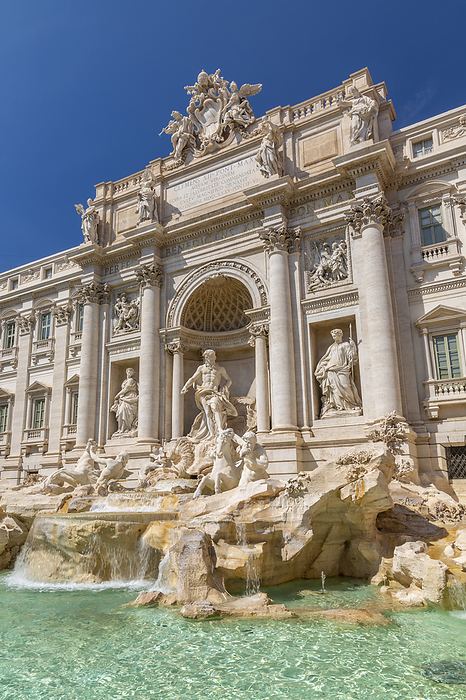 View of Trevi Fountain in bright sunlight, Piazza di Trevi, Rome, Lazio, Italy, Europe View of Trevi Fountain in bright sunlight, Piazza di Trevi, UNESCO World Heritage Site, Rome, Lazio, Italy, Europe, Photo by Frank Fell
