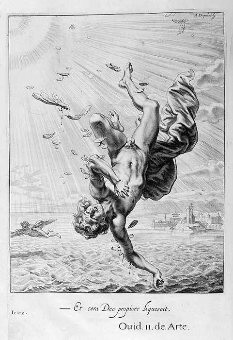 Death of Icarus. Engraving from  Tableaux du temple des muses   1655  by Michel de Marolles Death of Icarus. Engraving from  Tableaux du temple des muses   1655  by Michel de Marolles  1600   1681 , known as the abb  de Marolles  a French churchman and translator. In Greek mythology, Daedalus was shut up in a tower to prevent his knowledge of his Labyrinth from spreading. Since Minos controlled the land and sea routes, Daedalus set to work to fabricate wings for himself and his young son Icarus. When both were prepared for flight, Daedalus warned Icarus not to fly too high, because the heat of the sun would melt the wax, nor too low, because the sea foam would soak the feathers. They had passed Samos, Delos and Lebynthos by the time the boy, forgetting himself, began to soar upward toward the sun. The blazing sun softened the wax that held the feathers together and they came off. Icarus quickly fell in the sea and drowned.