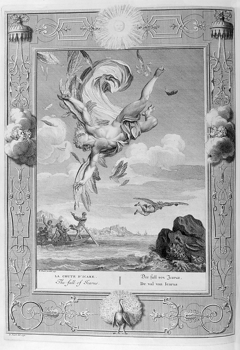 Death of Icarus. Engraving from  Tableaux du temple des muses   1655  by Michel de Marolles  1600   1681 , known as the abb  de Marolles Death of Icarus. Engraving from  Tableaux du temple des muses   1655  by Michel de Marolles  1600   1681 , known as the abb  de Marolles  a French churchman and translator. In Greek mythology, Daedalus was shut up in a tower to prevent his knowledge of his Labyrinth from spreading. Since Minos controlled the land and sea routes, Daedalus set to work to fabricate wings for himself and his young son Icarus. When both were prepared for flight, Daedalus warned Icarus not to fly too high, because the heat of the sun would melt the wax, nor too low, because the sea foam would soak the feathers. They had passed Samos, Delos and Lebynthos by the time the boy, forgetting himself, began to soar upward toward the sun. The blazing sun softened the wax that held the feathers together and they came off. Icarus quickly fell in the sea and drowned.