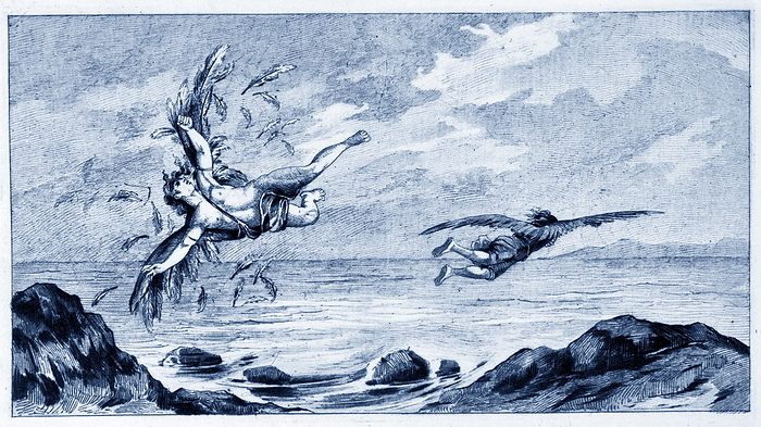 Representation of the legend of Daedalus and Icarus. Illustration from a publication dated 1887. Representation of the legend of Daedalus and Icarus. Illustration from a publication dated 1887. Daedalus was shut up in a tower to prevent his knowledge of his Labyrinth from spreading. Since Minos controlled the land and sea routes, Daedalus set to work to fabricate wings for himself and his young son Icarus. When both were prepared for flight, Daedalus warned Icarus not to fly too high, because the heat of the sun would melt the wax, nor too low, because the sea foam would soak the feathers. They had passed Samos, Delos and Lebynthos by the time the boy, forgetting himself, began to soar upward toward the sun. The blazing sun softened the wax that held the feathers together and they came off. Icarus quickly fell in the sea and drowned.