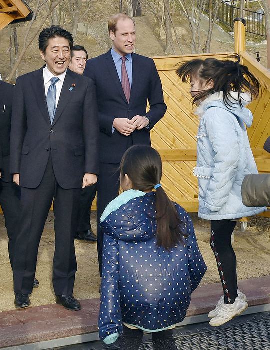 Prince William visits areas affected by the Great East Japan Earthquake British Prince William  second from left  and Prime Minister Shinzo Abe visit the facility with children playing on a trampoline at Smile Kids Park in Motomiya, Fukushima Prefecture, February 28, 2015, 4:06 p.m.  Representative photo 