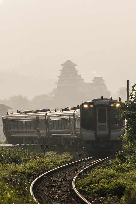 Ehime Prefecture Castle town with a railroad line Elk River Road Fog Travel