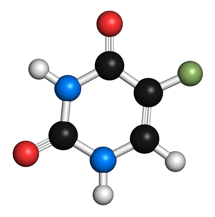 Fluorouracil cancer drug molecule Fluorouracil  5 FU, FU  cancer chemotherapy drug, chemical structure. Atoms are represented as spheres with conventional color coding: hydrogen  white , carbon  black , nitrogen  blue , oxygen  red , fluorine  light green .