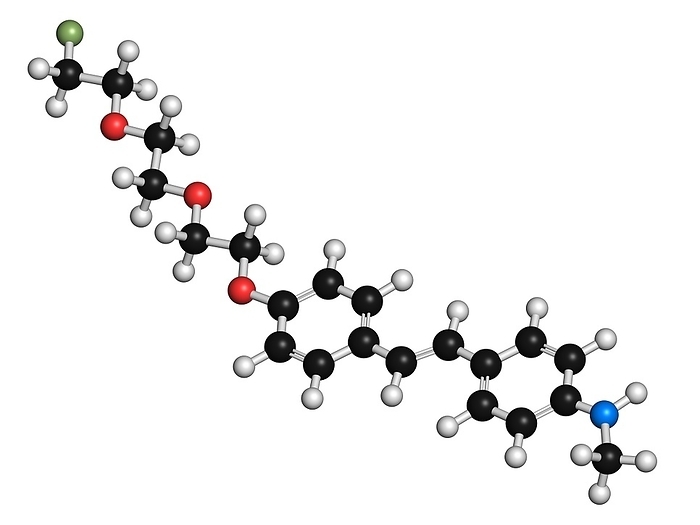 Florbetaben radiopharmaceutical molecule Florbetaben radiopharmaceutical molecule. Used for imaging of beta amyloid plaques in Alzheimer s disease by PET. Atoms are represented as spheres with conventional color coding: hydrogen  white , carbon  black , oxygen  red , nitrogen  blue , fluorine  light green .