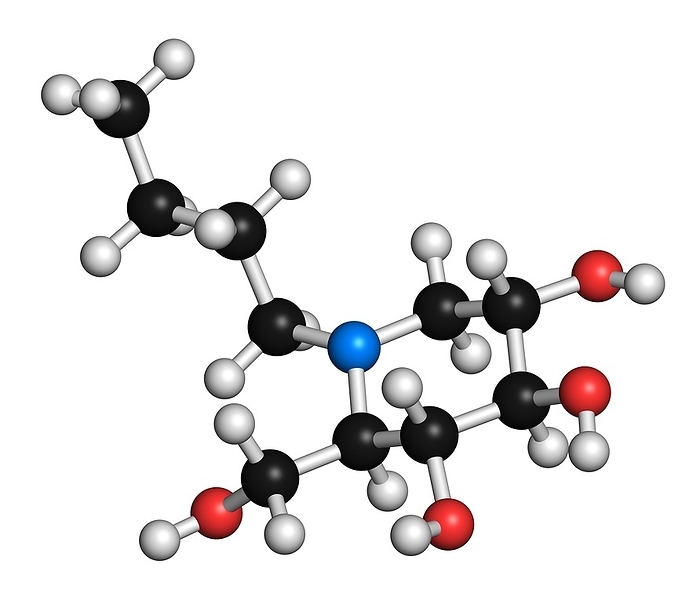 Miglustat Gaucher disease drug molecule Miglustat Gaucher disease drug molecule. Atoms are represented as spheres with conventional colour coding: hydrogen  white , carbon  black , oxygen  red , nitrogen  blue .