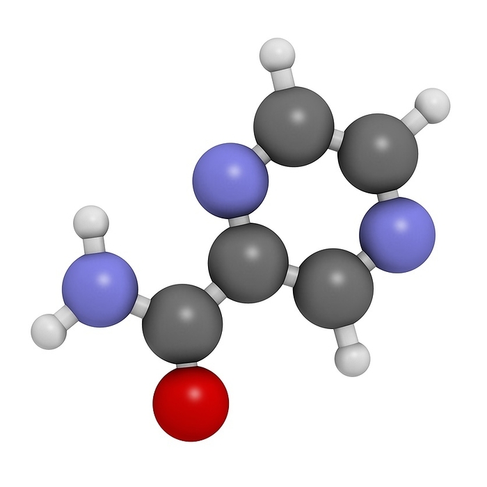 Pyrazinamide tuberculosis drug molecule Pyrazinamide tuberculosis drug molecule. Atoms are represented as spheres with conventional colour coding: hydrogen  white , carbon  grey , oxygen  red , nitrogen  blue .