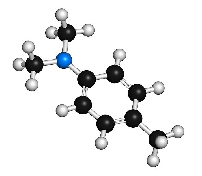 N,N dimethyl p toluidine DMPT molecule N, N dimethyl p toluidine  DMPT  molecule. Commonly used as catalyst in the production of polymers and in dental materials and bone cements. Atoms are represented as spheres with conventional colour coding: hydrogen  white , carbon  black , oxygen  red , nitrogen  blue .