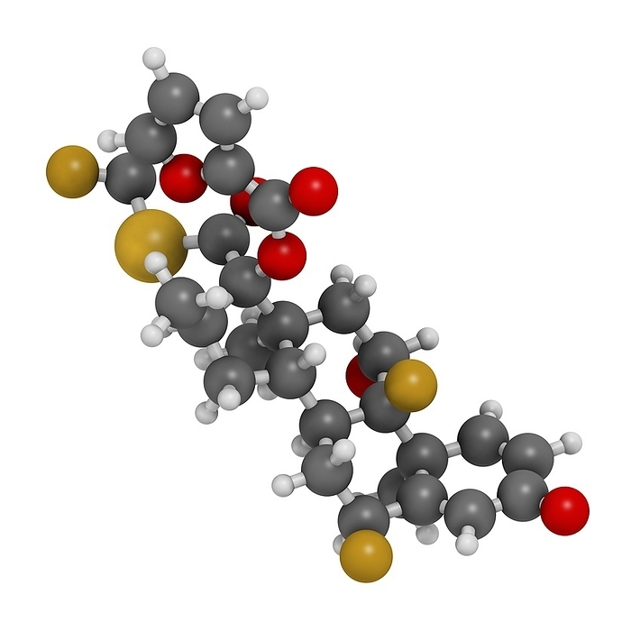 Fluticasone furoate corticosteroid drug Fluticasone furoate corticosteroid drug molecule. Used in treatment of allergic rhinitis, COPD and chronic bronchitis. Atoms are represented as spheres with conventional colour coding: hydrogen  white , carbon  grey , oxygen  red , sulfur  yellow , fluorine  gold .