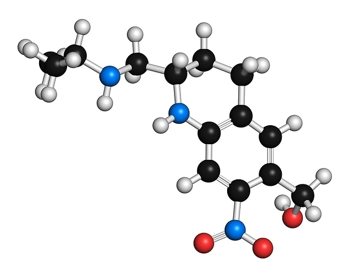 Oxamniquine anthelmintic drug molecule Oxamniquine anthelmintic drug molecule. Used to treat Schistosoma mansoni infections. Atoms are represented as spheres with conventional colour coding: hydrogen  white , carbon  black , oxygen  red , nitrogen  blue .