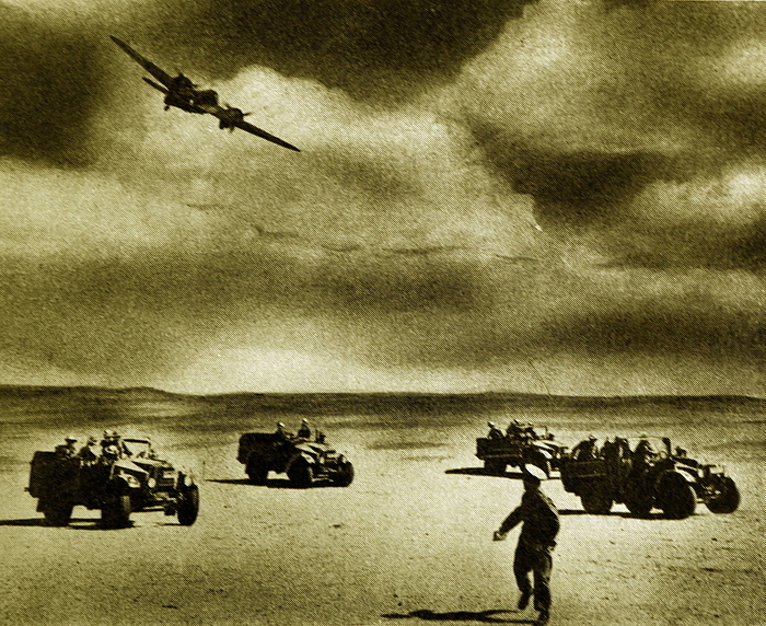 German bombers Black and white photograph of World War II  1939 1945   troops of British General Archibald Wavell  1883 1950  retreating from German bombers in the Libyan desert.