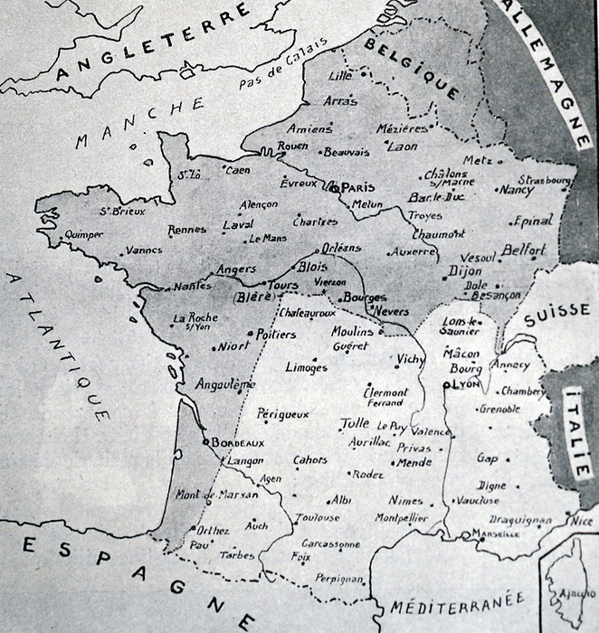 Map of France Black and white reproduction of a map of France with the Demarcation Line between Nazi occupied France to the North and Vichy France to the South. During World War II  1939 1945 .