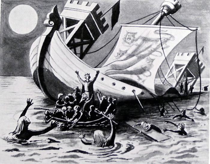 Illustration depicting the White Ship Illustration depicting the White Ship, a vessel which sank in the English Channel in 1120, drowning William Adelin, the only legitimate son of King Henry I of England