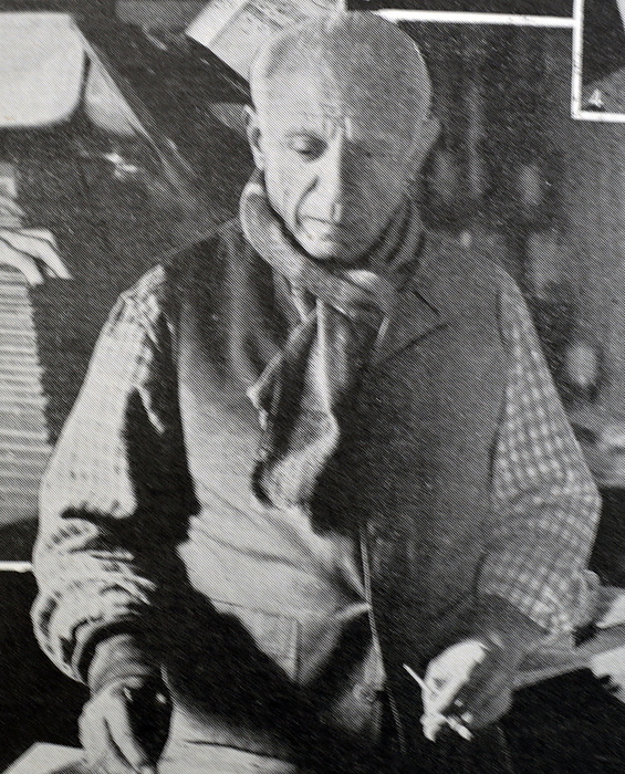 The World of Arts and Letters Black and white photograph of the World of Arts and Letters  Spanish artist Pablo Picasso  1881 1973  decorating ceramic plates.
