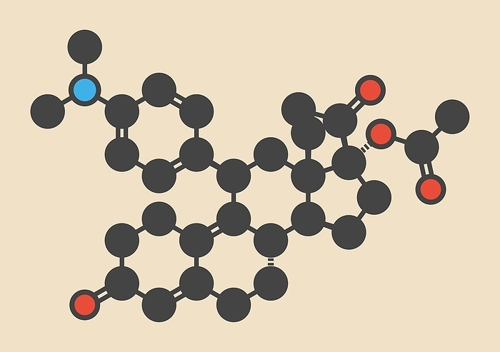 Ulipristal acetate contraceptive molecule Ulipristal acetate contraceptive drug molecule. Used in emergency contraception tablets  morning after pill . Stylized skeletal formula  chemical structure . Atoms are shown as color coded circles: hydrogen  hidden , carbon  grey , oxygen  red , nitrogen  blue .