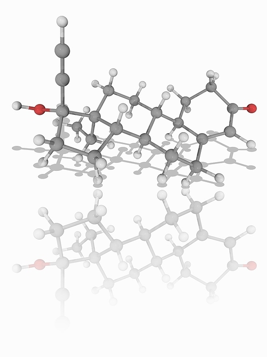 Levonorgestrel drug molecule Levonorgestrel. Molecular model of the synthetic hormone levonorgestrel  C21.H28.O2 . This second generation synthetic progestin is used in hormonal contraceptives such as the  morning after pill . Atoms are represented as spheres and are colour coded: carbon  grey , hydrogen  white  and oxygen  red . Illustration.
