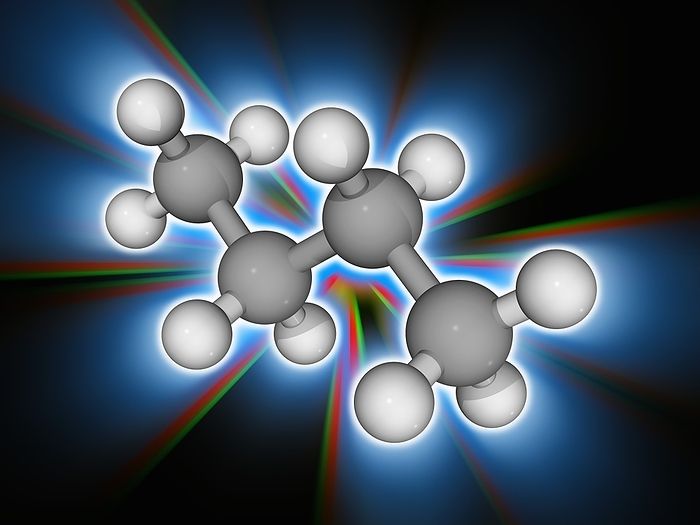 Butane organic compound molecule Butane. Molecular model of the alkane butane  C4.H10 . This chemical is a highly flammable, colourless and easily liquefied gas. It is used as a lighter fuel. Atoms are represented as spheres and are colour coded: carbon  grey  and hydrogen  white . Illustration.