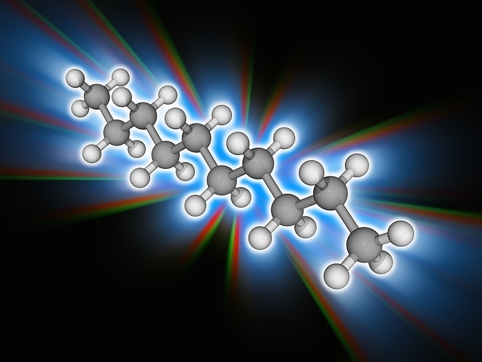 Decane organic compound molecule Decane. Molecular model of the straight chain alkane hydrocarbon decane  C10.H22 , one of the components of gasoline fuel. Atoms are represented as spheres and are colour coded: carbon  grey  and hydrogen  white . Illustration.