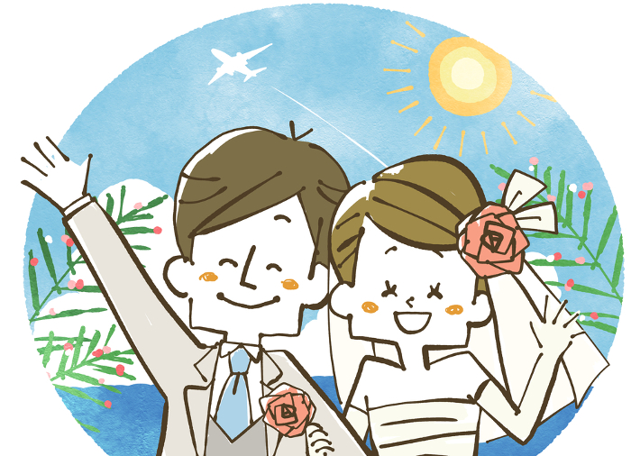 Newlyweds waving hands Overseas wedding
