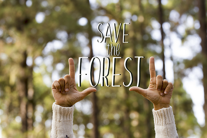 Save the forest text message with human hands and green outdor nature wood in background - earth's day and care of the planet concept with woman care about it, Photo by Fabio and Simona