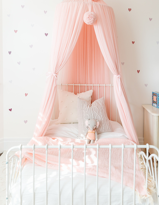 little girl bed with stuffed animal and pink canopy, Vancouver, BC, Canada