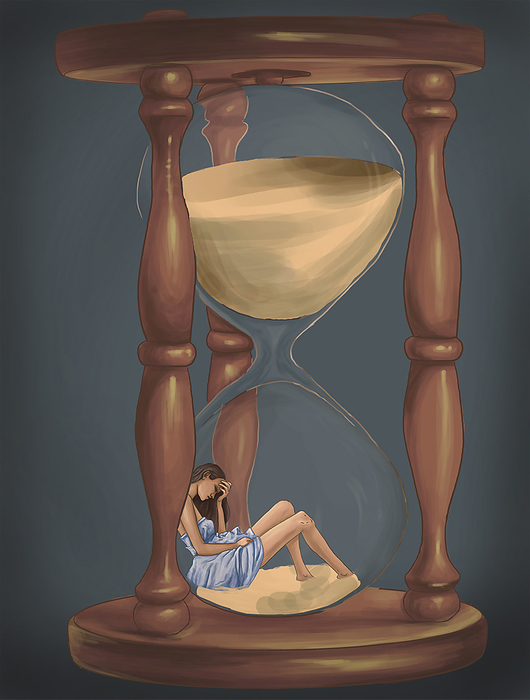 Conceptual illustration of menopause Conceptual illustration of woman trapped in hourglass representing menopause.