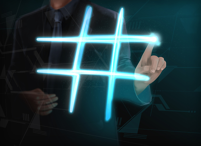 Illustration of businessman making glowing hashtag Illustration of businessman making glowing hashtag on transparent screen.