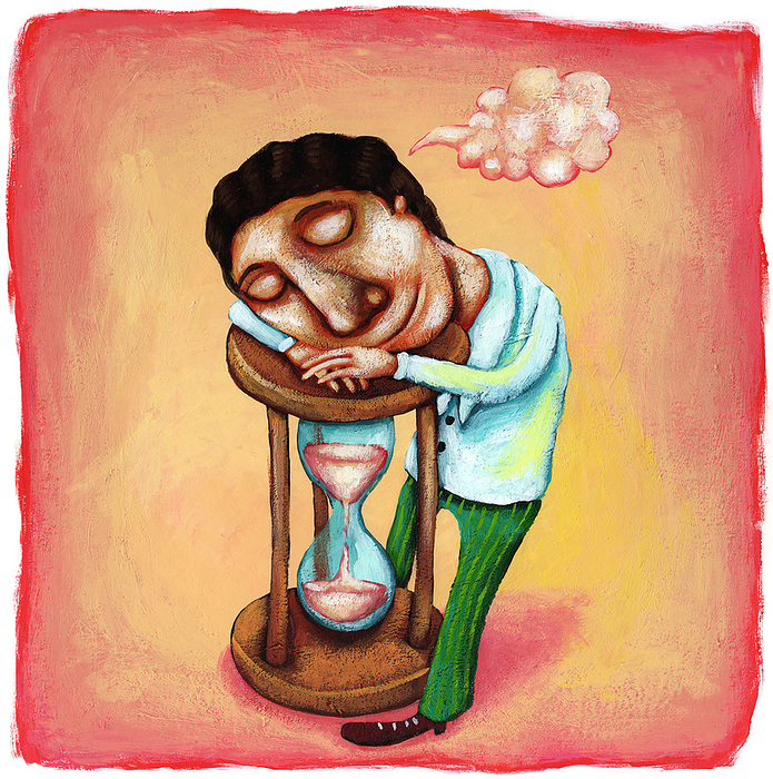Illustration of businessman sleeping on hourglass Illustration of businessman sleeping on hourglass representing procrastination.