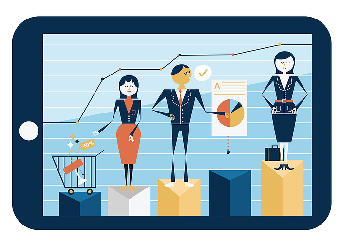 Illustration of online shopping business Illustration of people on bar graph in digital tablet representing online shopping business.