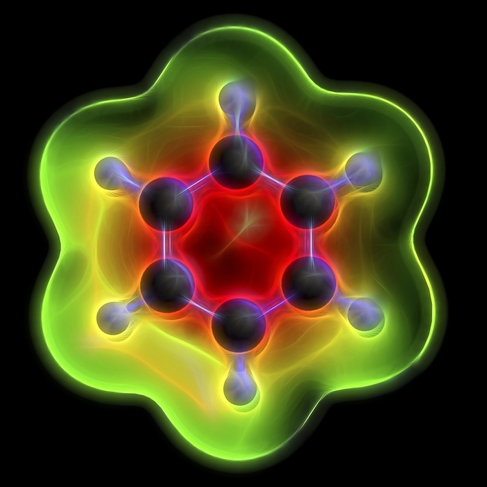 Benzene aromatic hydrocarbon molecule Computer illustration of a benzene aromatic hydrocarbon molecule. Important in petrochemistry, component of gasoline. Atoms are represented as spheres with conventional colour coding: hydrogen  white , carbon  grey . Shown underneath the molecule is a part of the molecule s electrostatic potential map.