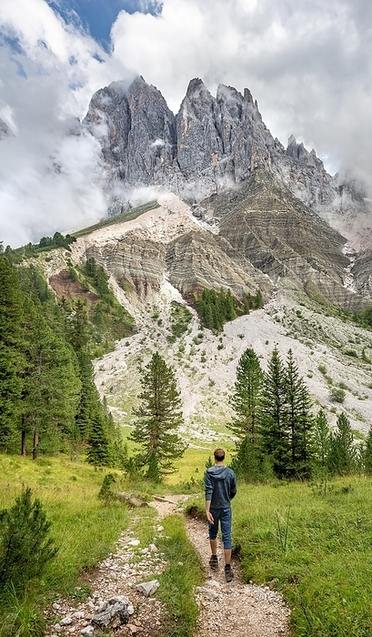 Young man, hiker on a hiking trail in the forest, in the back mountain peaks of the Geislergruppe, Parco Naturale Puez Odle, South Tyrol, Italy, Europe